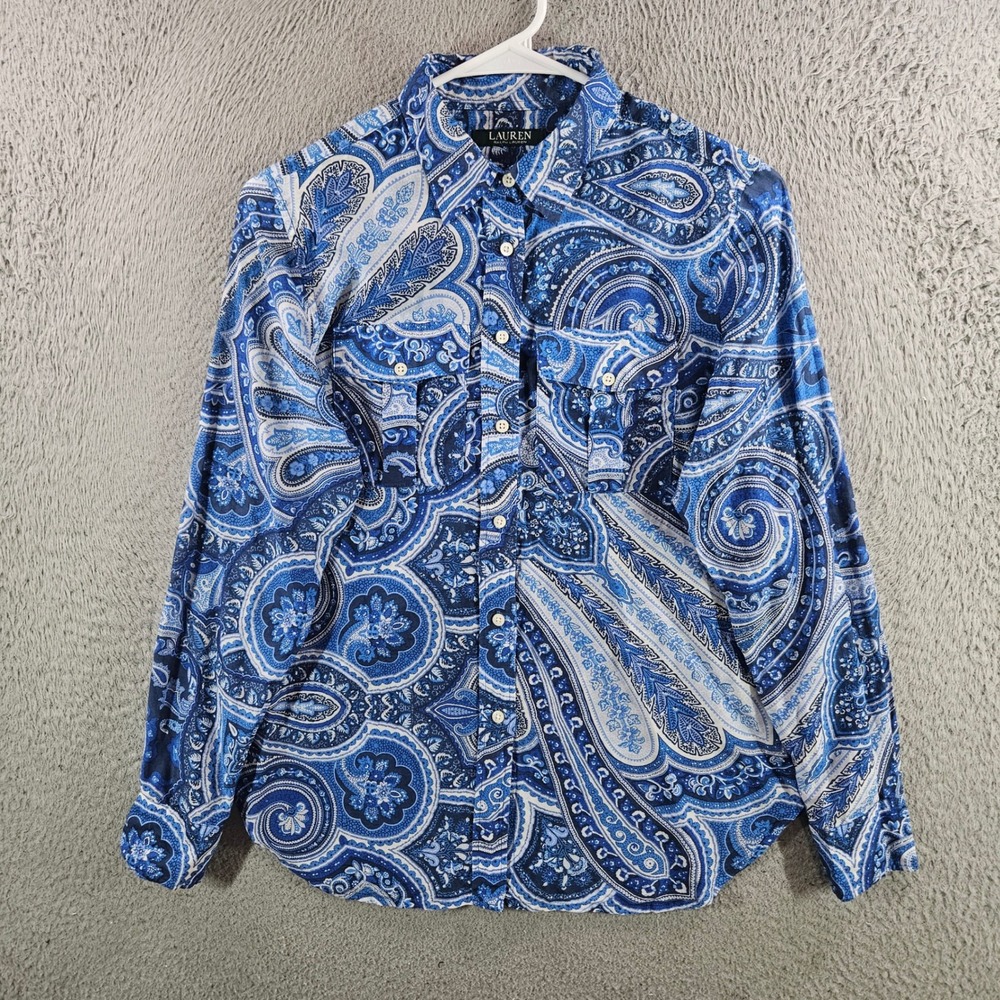 Lauren Ralph Lauren Blue Paisley Cotton Silk Button Down Shirt Petite Medium PM
